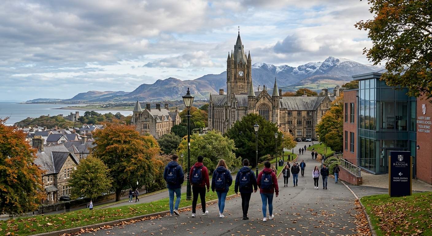 Bangor University historic campus buildings with mountain backdrop of Snowdonia, students walking through tree-lined pathways near the Albert Gubay Business School, dramatic Welsh coastal landscape visible in the distance
