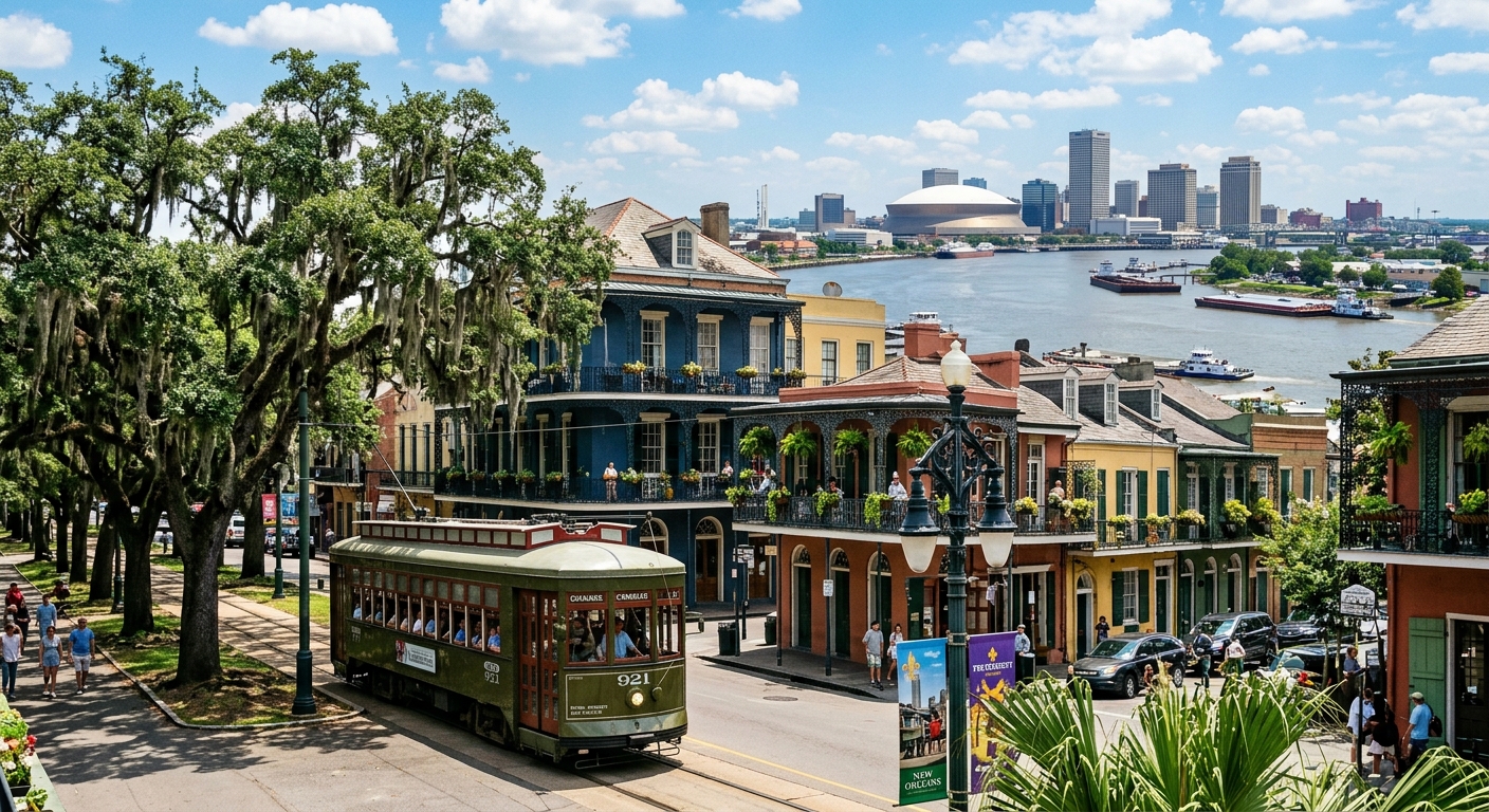 New Orleans cityscape with French Quarter architecture, St. Charles Avenue streetcar, live oak trees draped in Spanish moss, Mississippi River in background, colorful buildings, blue sky