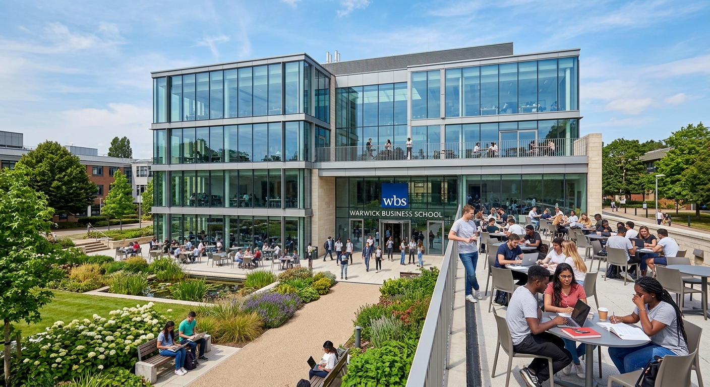 Warwick Business School main building exterior, modern glass-fronted architecture with students studying on outdoor terraces, landscaped gardens in foreground, bright daylight