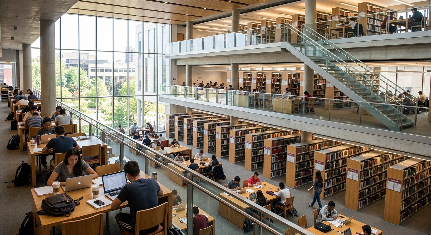 York University Scott Library interior, multi-level modern library with students studying at desks, large windows, open floor plan with bookshelves