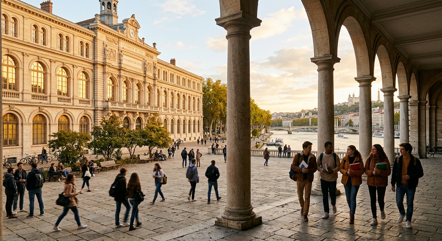 Historic university building along the Rhone River in Lyon France, classical stone architecture with arched windows, students walking through a courtyard with ancient Roman-inspired columns, warm golden afternoon light