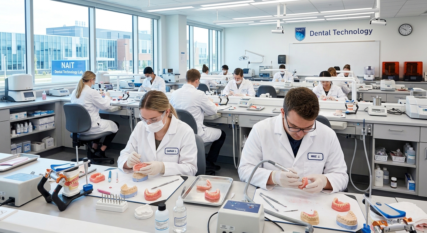 Modern dental clinic laboratory at NAIT campus in Edmonton, students in white coats working on denture fabrication, dental equipment and prosthetics visible, bright clinical lighting