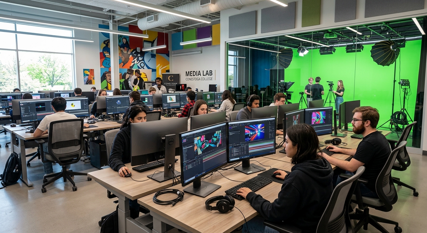Modern digital media lab at Conestoga College with students working on motion graphics projects using dual monitors, green screen studio visible in background, creative and colorful animated sequences displayed on screens, bright contemporary learning space in Kitchener Ontario Canada