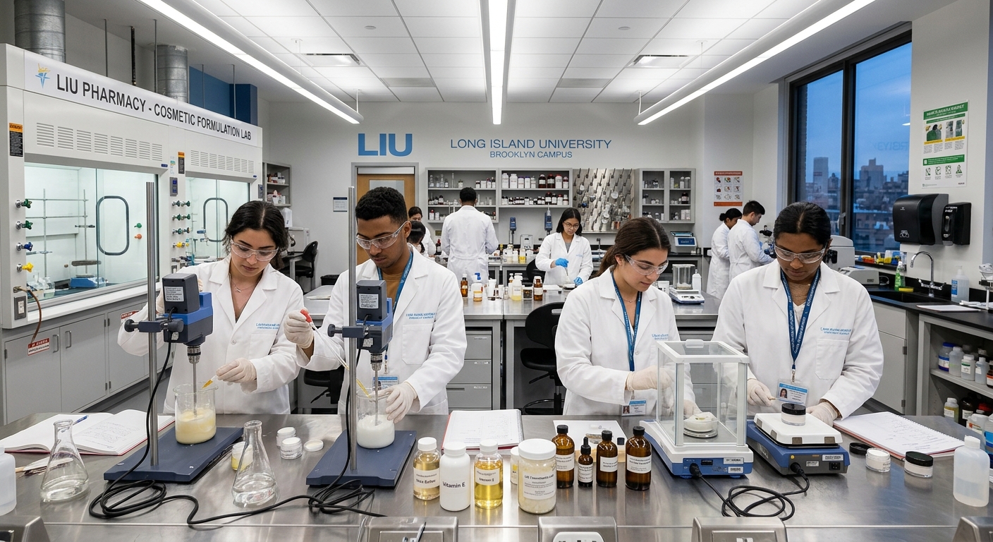 Modern pharmaceutical laboratory at Long Island University Brooklyn campus with students in white lab coats formulating cosmetic products, laboratory equipment including beakers and mixers visible, bright fluorescent lighting