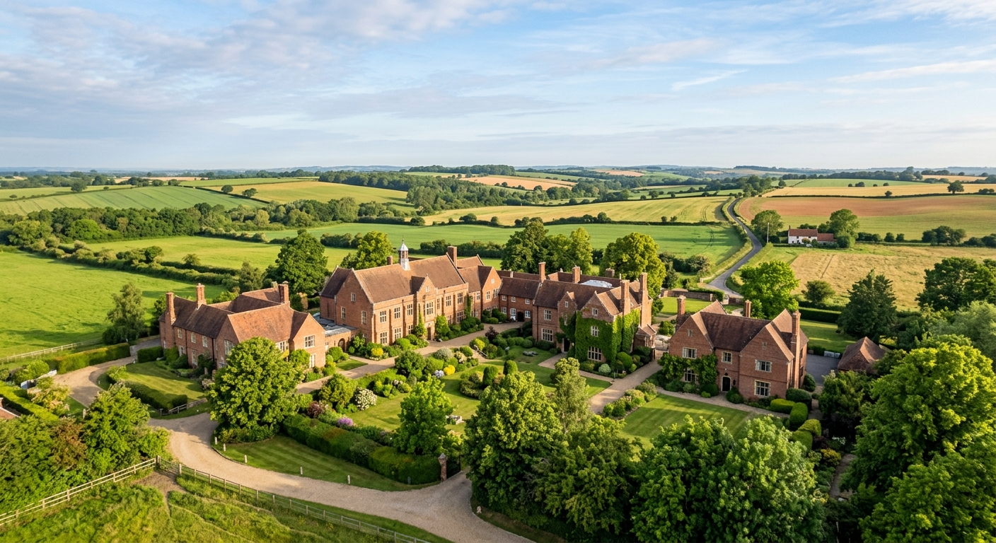 Writtle University College countryside campus wide shot, historic brick buildings surrounded by lush green farmland and landscaped gardens, Essex countryside, soft morning light with blue sky