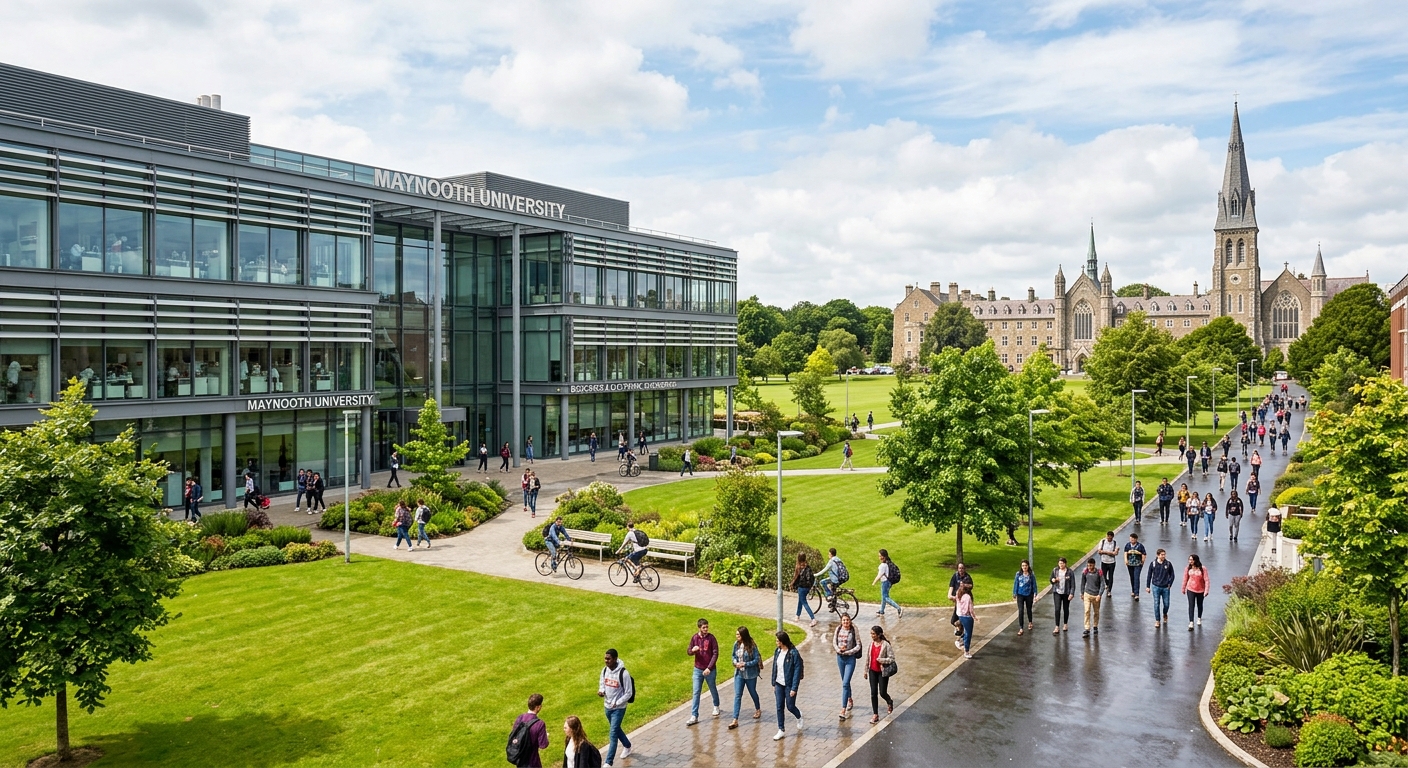 Maynooth University North Campus with modern BioScience and Electronic Engineering Building, green lawns, students walking along pathways, historic stone architecture visible in background, bright Irish sky