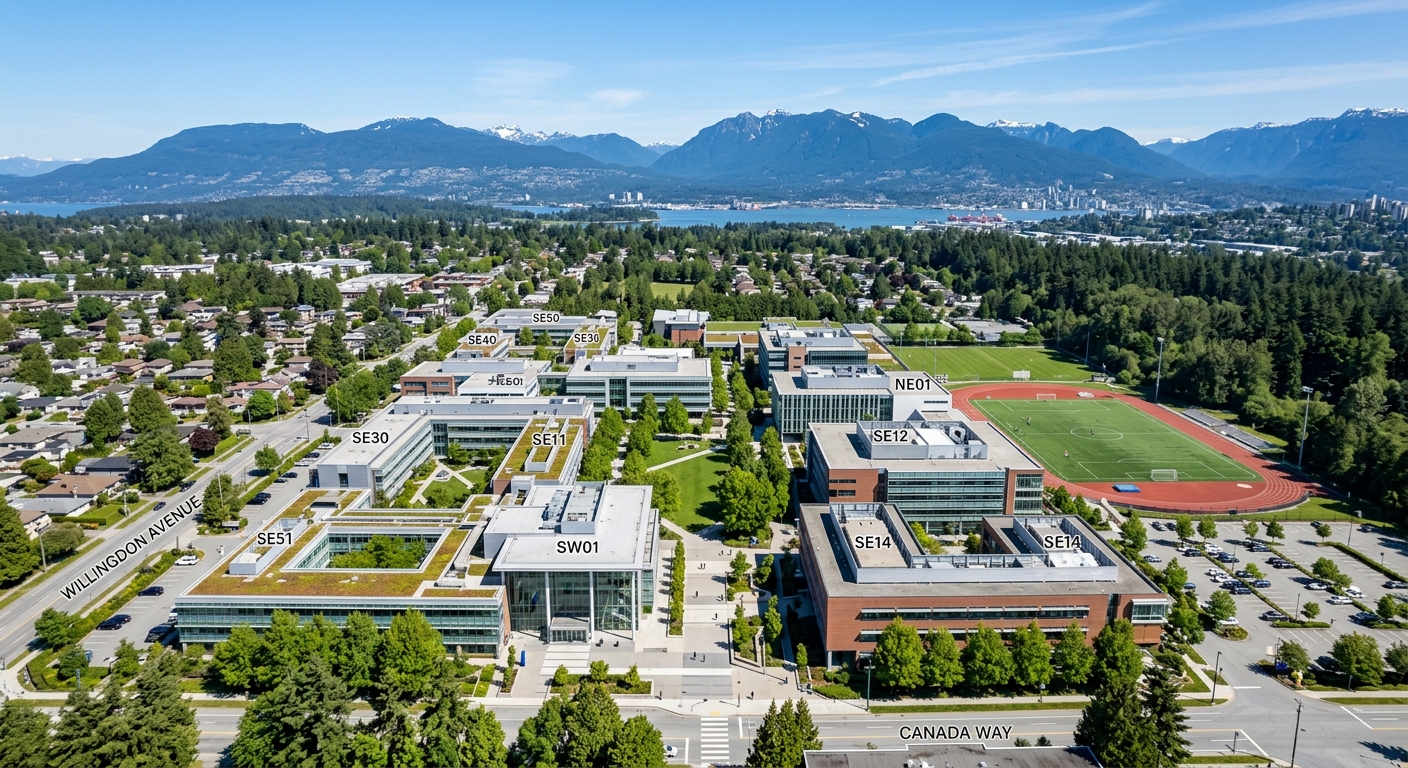 Aerial view of BCIT Burnaby Campus with modern institutional buildings, green courtyards, surrounding trees, and the North Shore mountains in the background under a clear blue sky