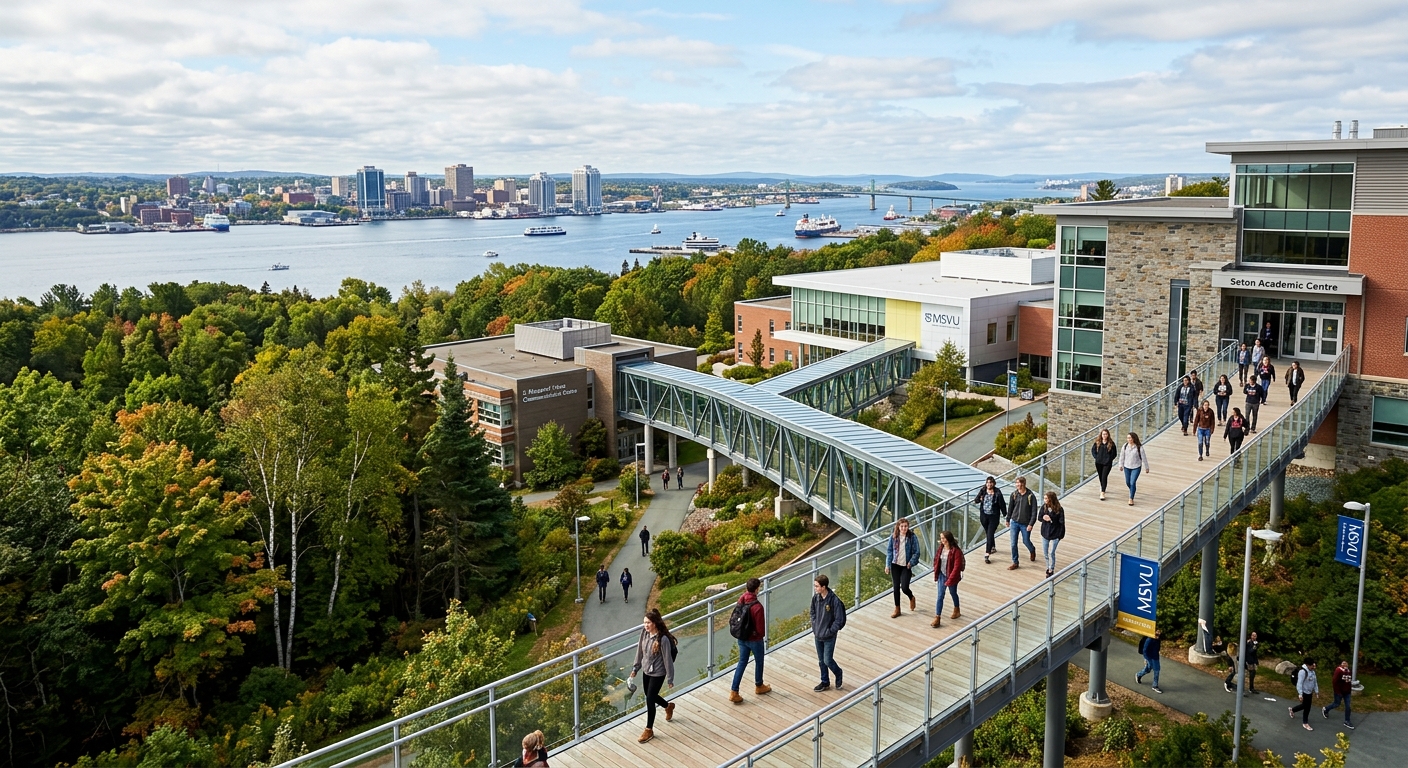 Mount Saint Vincent University campus in Halifax, Nova Scotia, with modern academic buildings surrounded by wooded green space overlooking Halifax Harbour, students walking along connected covered walkways