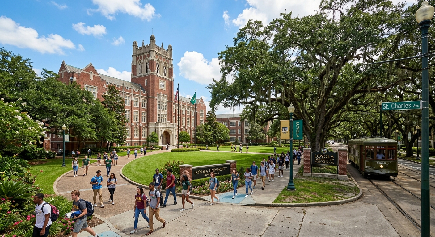Loyola University New Orleans campus with historic Marquette Hall and oak-lined St. Charles Avenue, students walking through green courtyards under Southern blue sky
