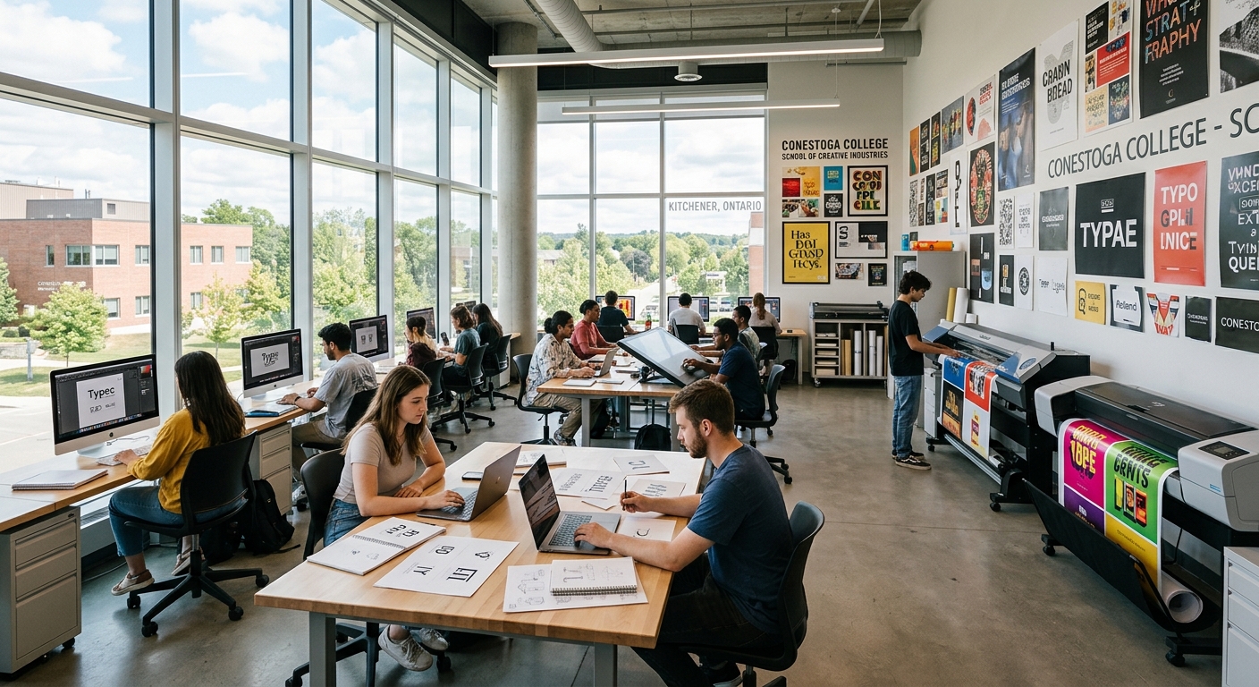 Modern design studio at Conestoga College with students working on typography and branding projects, large format printers visible, natural light streaming through floor-to-ceiling windows, creative artwork displayed on walls, Kitchener Ontario campus