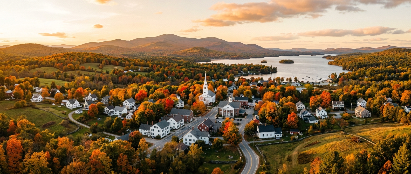 Panoramic view of New London New Hampshire, charming New England small town with white church steeple, colorful autumn foliage, rolling hills, Lake Sunapee in the distance, golden hour lighting