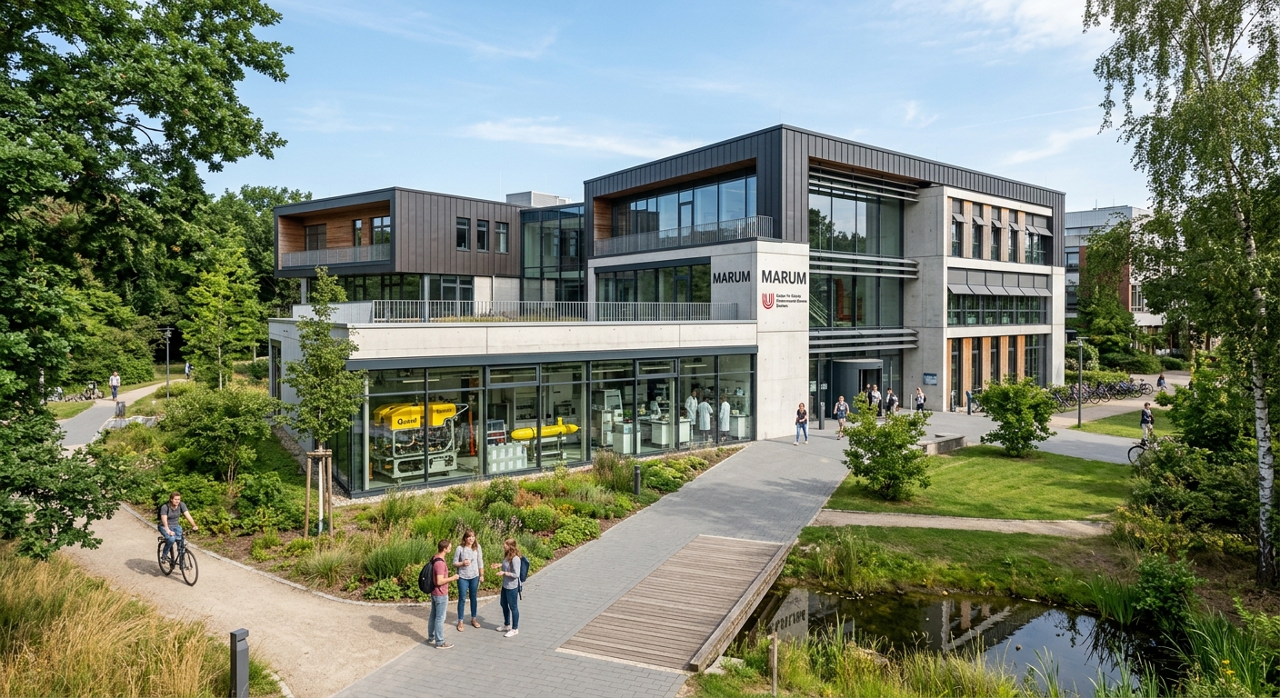 MARUM Center for Marine Environmental Sciences building at University of Bremen, modern research facility with scientific equipment visible, surrounded by campus greenery