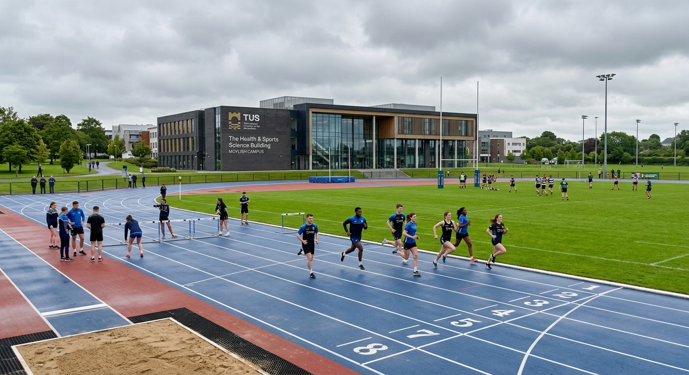 Modern university sports facility at TUS Moylish campus in Limerick, Ireland, with students training on an athletics track, green playing fields in the background, and a contemporary campus building under overcast Irish skies