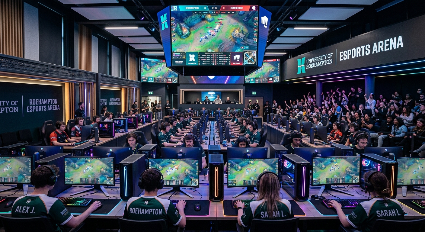 University of Roehampton esports arena with rows of high-end gaming PCs, RGB lighting, students competing in tournament, modern tech-focused interior design
