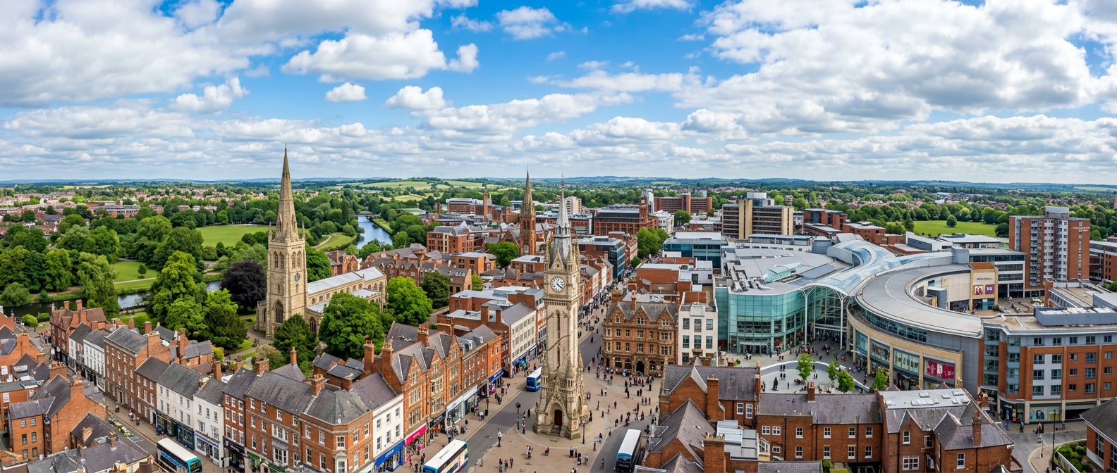 Leicester city skyline panorama showing the clock tower, Leicester Cathedral, modern shopping centres, green parks, and historic buildings under blue sky with scattered clouds