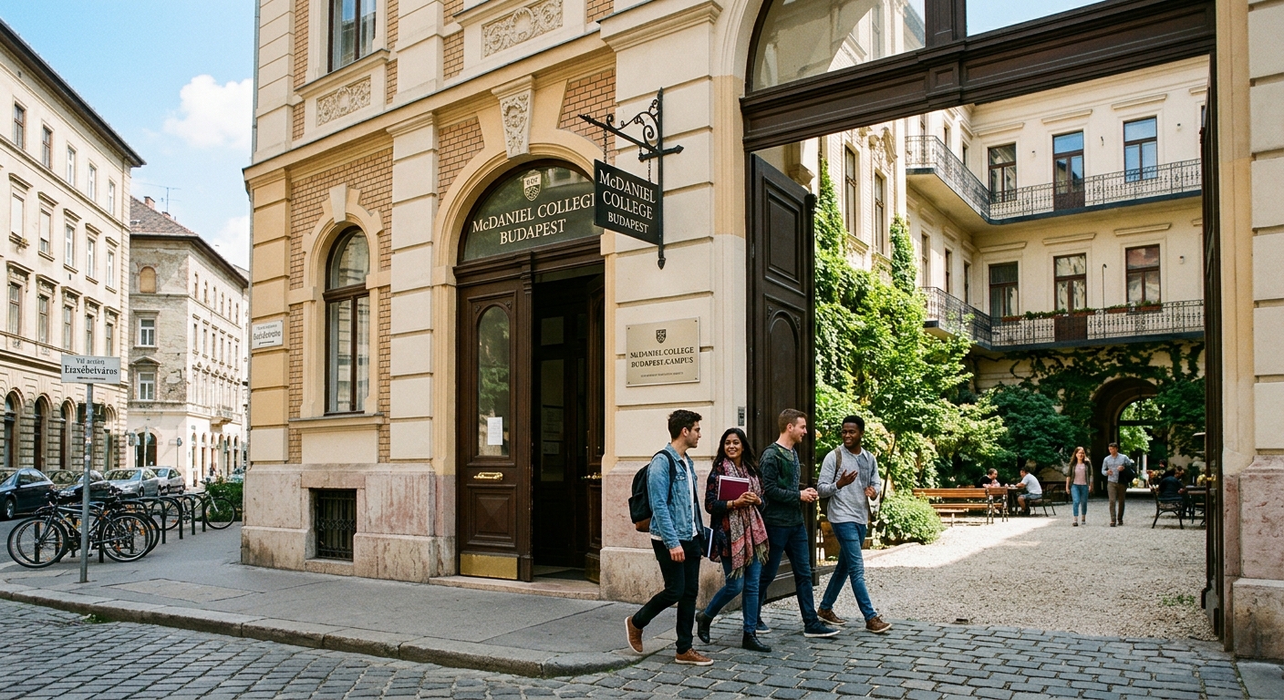 McDaniel College Budapest campus building in District VII of Budapest, Hungary, with international students walking through the entrance of a restored historic school building, European architecture, green courtyard visible