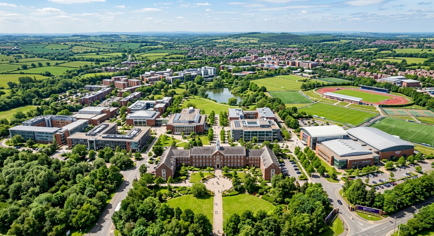 Loughborough University main campus aerial view showing the 523-acre green campus with modern academic buildings, sports facilities, landscaped gardens, and open green spaces in the heart of Leicestershire, England