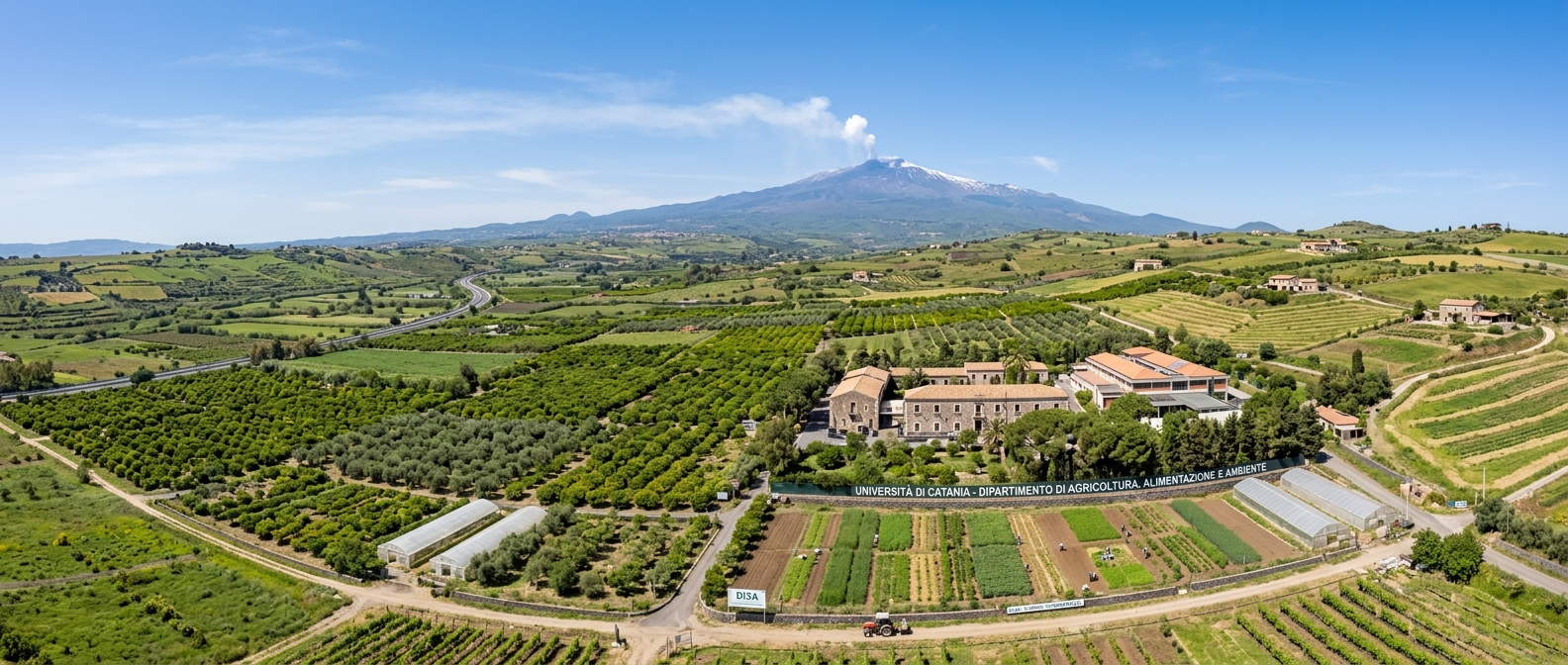 Panoramic view of the University of Catania Department of Agriculture campus with Mediterranean landscape, lush green experimental fields, citrus groves, and Mount Etna in the background under a clear blue Sicilian sky