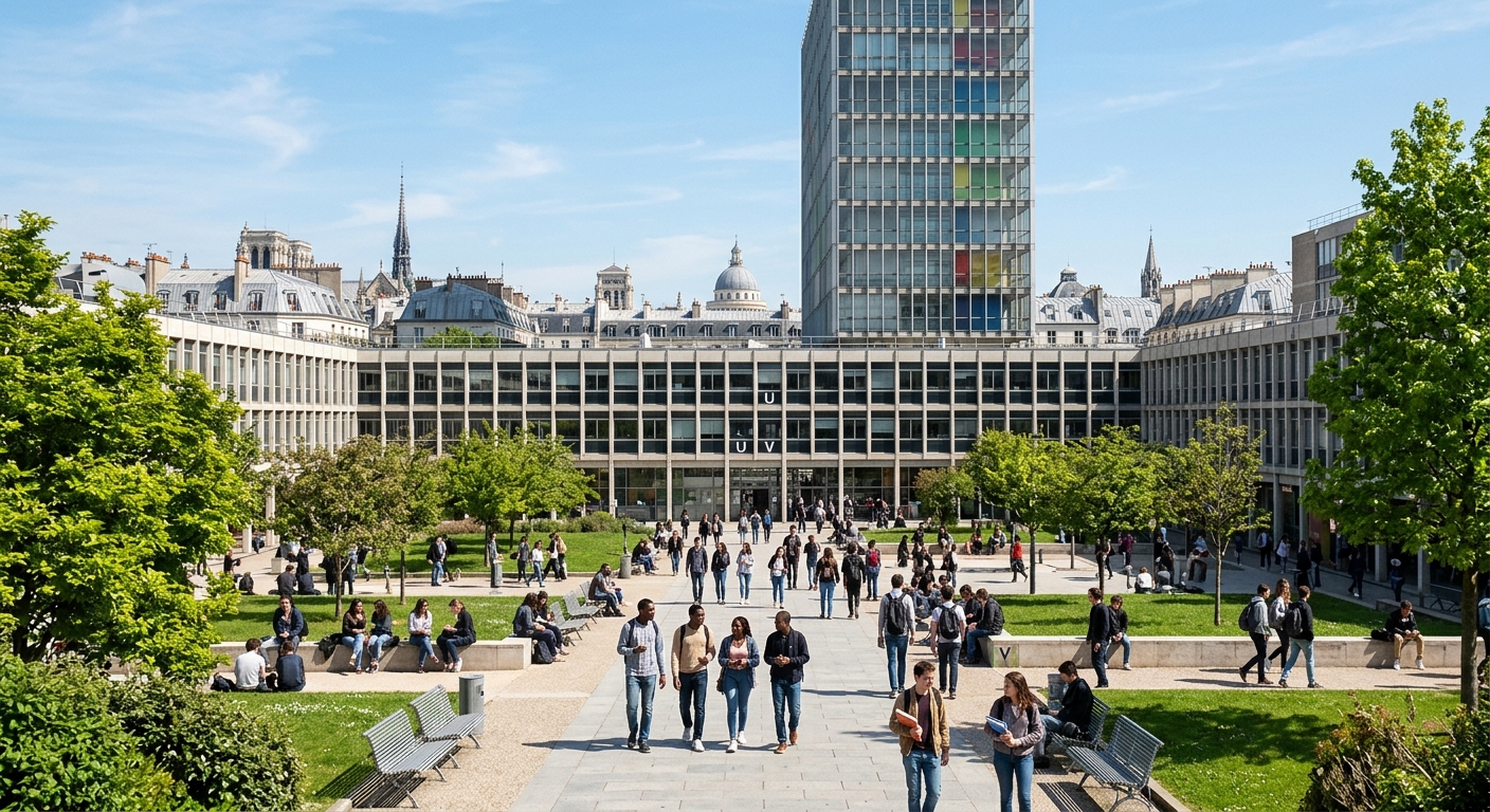 Sorbonne University Jussieu Campus in Paris with modern science buildings, students walking through the courtyard, lush greenery, and the iconic Parisian skyline in the background under a clear blue sky
