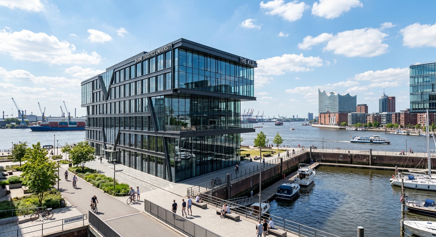 Kühne Logistics University modern campus building in Hamburg HafenCity waterfront district, Elbe River in background, contemporary glass and steel architecture, bright daylight with blue sky