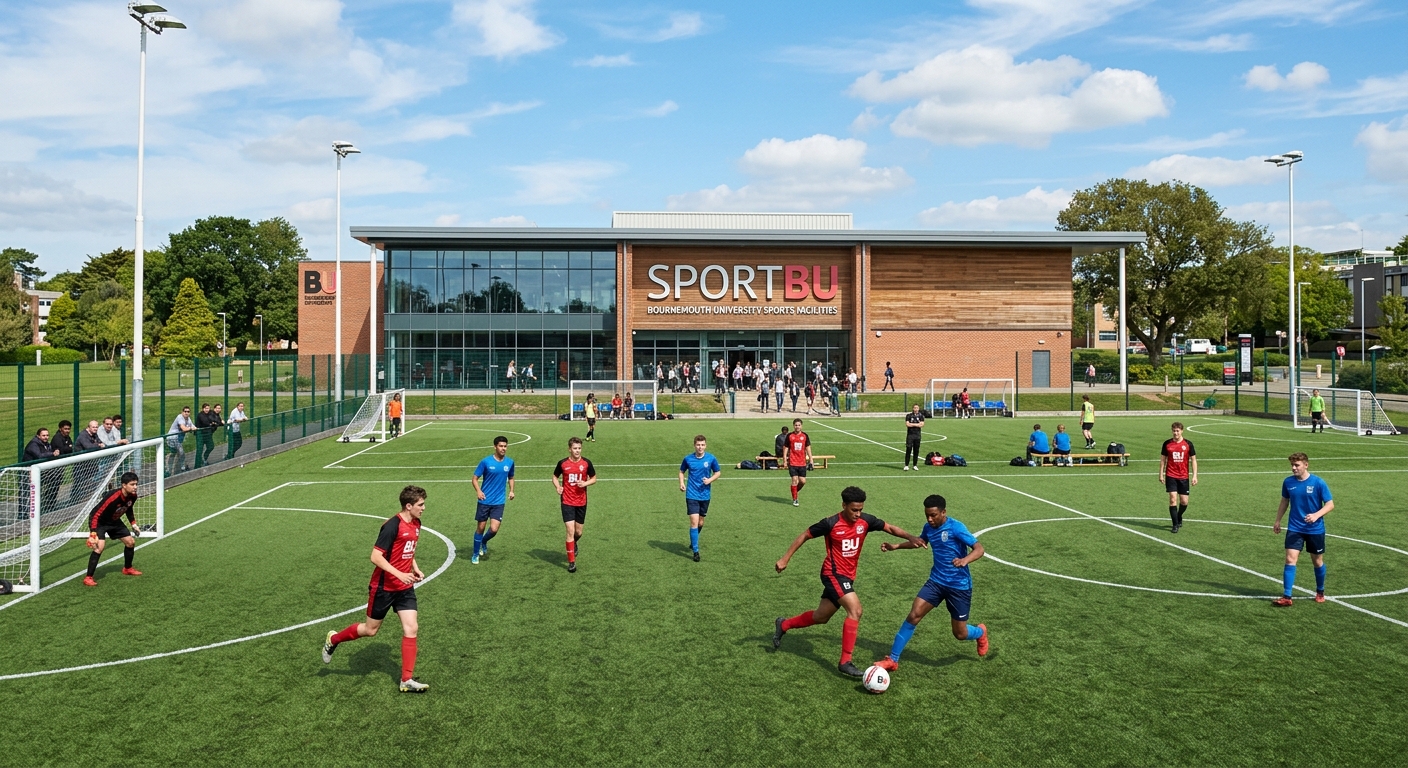 Bournemouth University sports facilities showing 4G all-weather pitch with students playing football, SportBU gym building in the background under blue sky