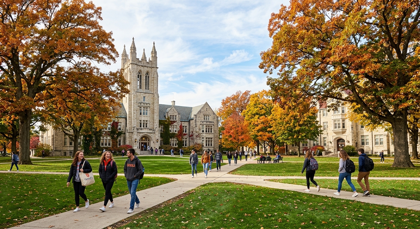 Carroll University Main Lawn with historic stone academic buildings, students walking on pathways, green grass and mature oak trees in autumn colors