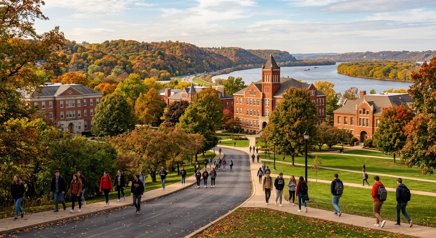 University of Dubuque campus in Dubuque Iowa, historic red brick buildings surrounded by green lawns and mature trees, students walking along tree-lined pathways, Mississippi River bluffs visible in the background, warm autumn light