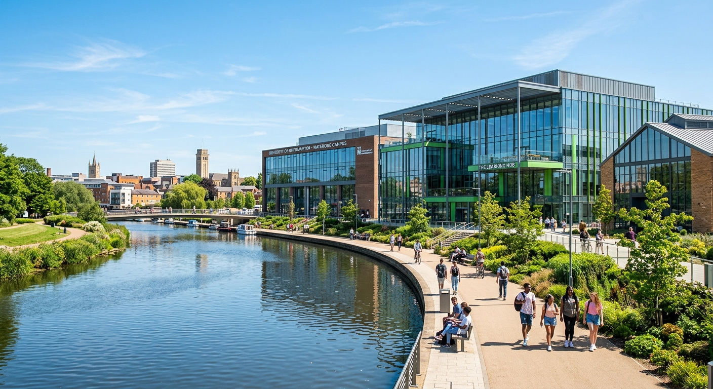 Modern Waterside Campus of the University of Northampton with glass-fronted buildings along the River Nene, students walking on landscaped pathways, bright sunny day in England