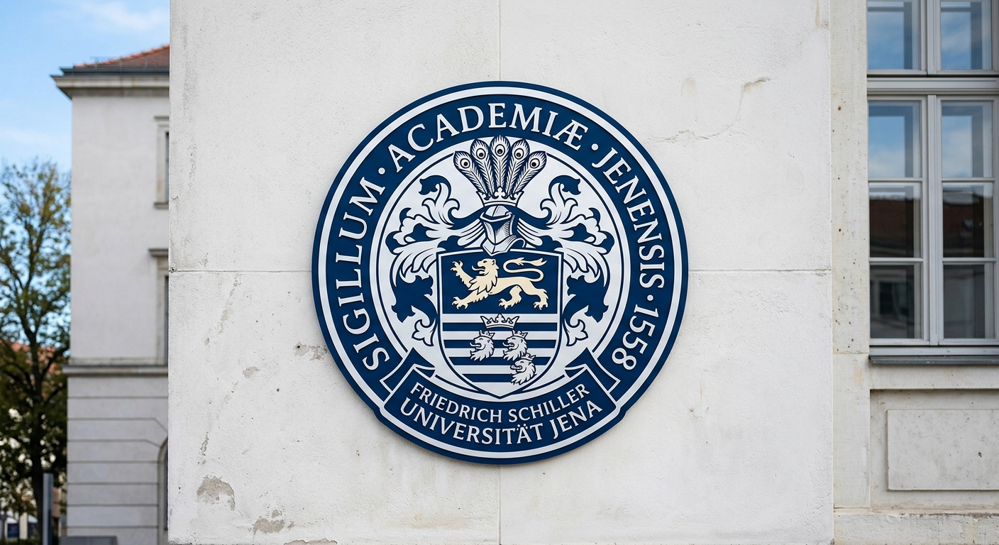 Friedrich Schiller University Jena official logo, blue and white university crest with Latin inscription, modern clean design