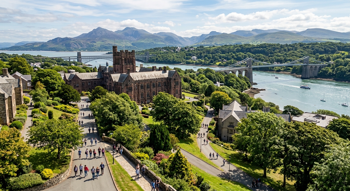 Bangor University campus nestled between Snowdonia mountains and the Menai Strait in North Wales, historic stone buildings surrounded by lush green landscape with students walking along tree-lined paths