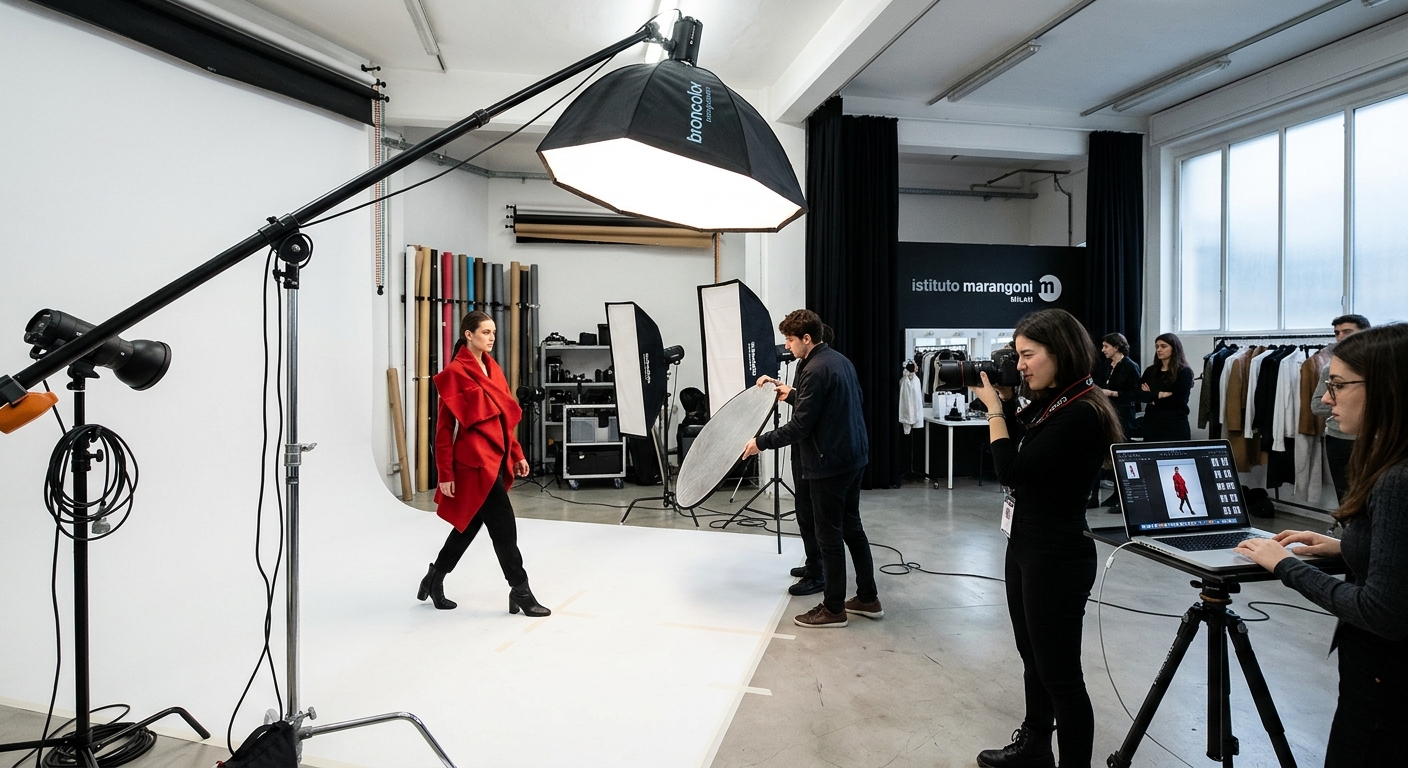 Modern photography studio at Istituto Marangoni Milan with professional lighting equipment, white backdrop, students photographing fashion garments