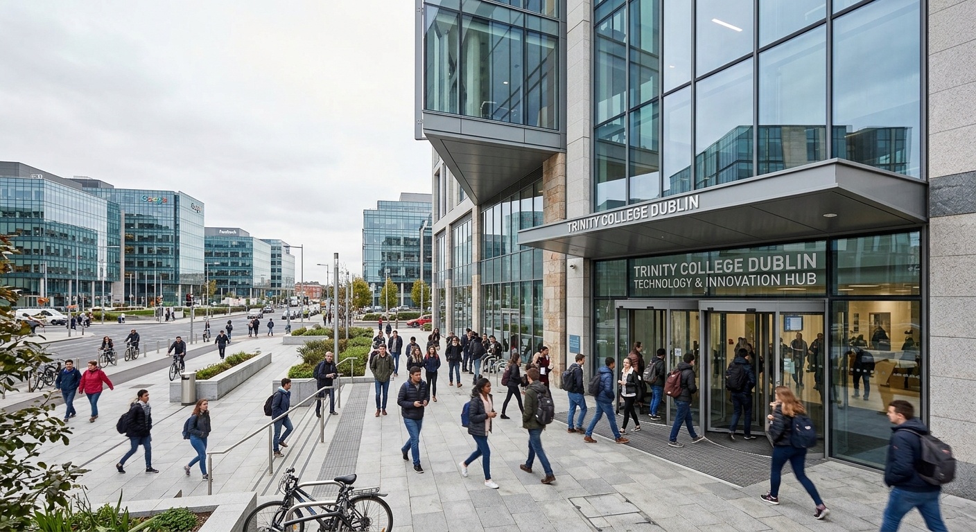 Modern college campus building in Dublin city centre near Silicon Docks, students walking through entrance with glass facade, urban business district in background, bright overcast Irish sky