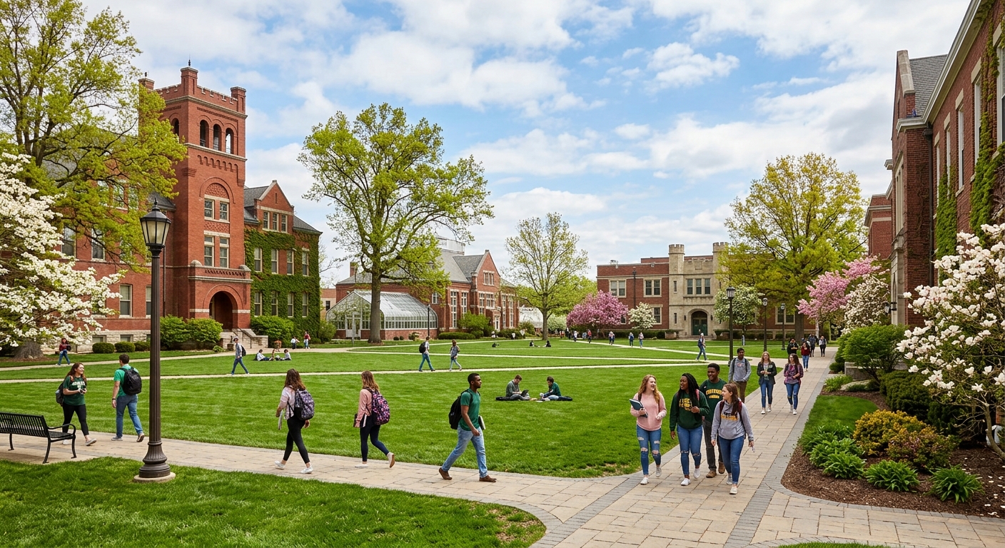 The Quad at Central Methodist University, open green space surrounded by historic brick buildings, students walking on pathways, spring foliage
