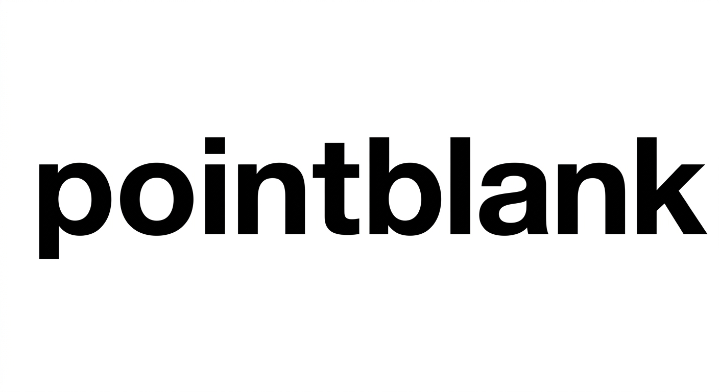 Point Blank Music School logo, lowercase text reading pointblank in bold modern sans-serif font, black text on white background