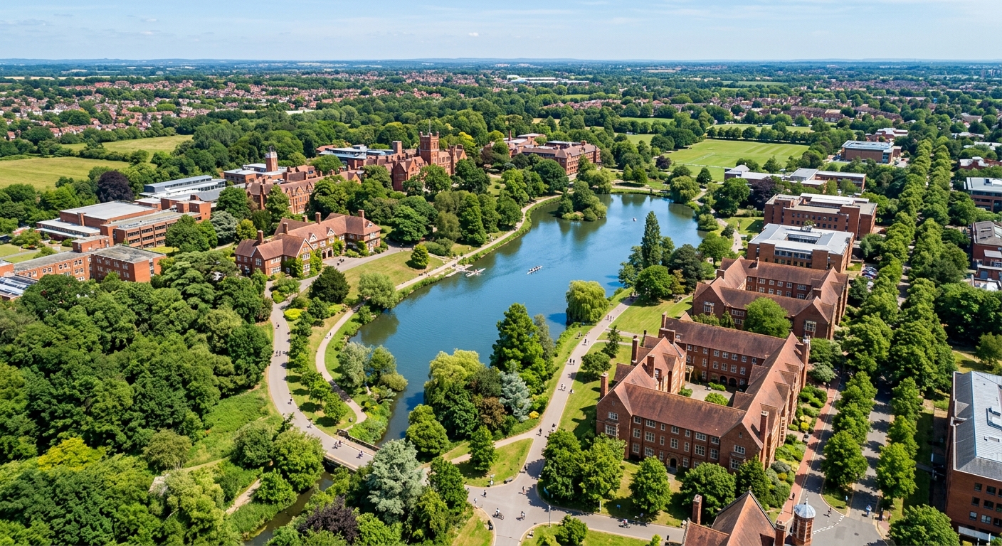 University of Reading Whiteknights campus aerial view, expansive green parkland with lake, red-brick academic buildings, tree-lined pathways, sunny day in Berkshire England