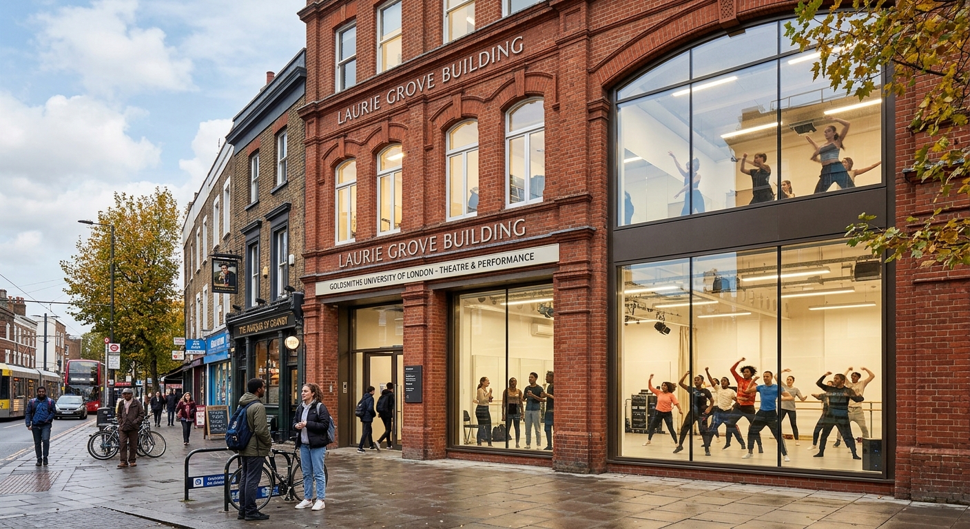 Laurie Grove building in New Cross, South East London, refurbished rehearsal and performance spaces, dancers and musical theatre students visible through large windows, urban creative neighbourhood setting