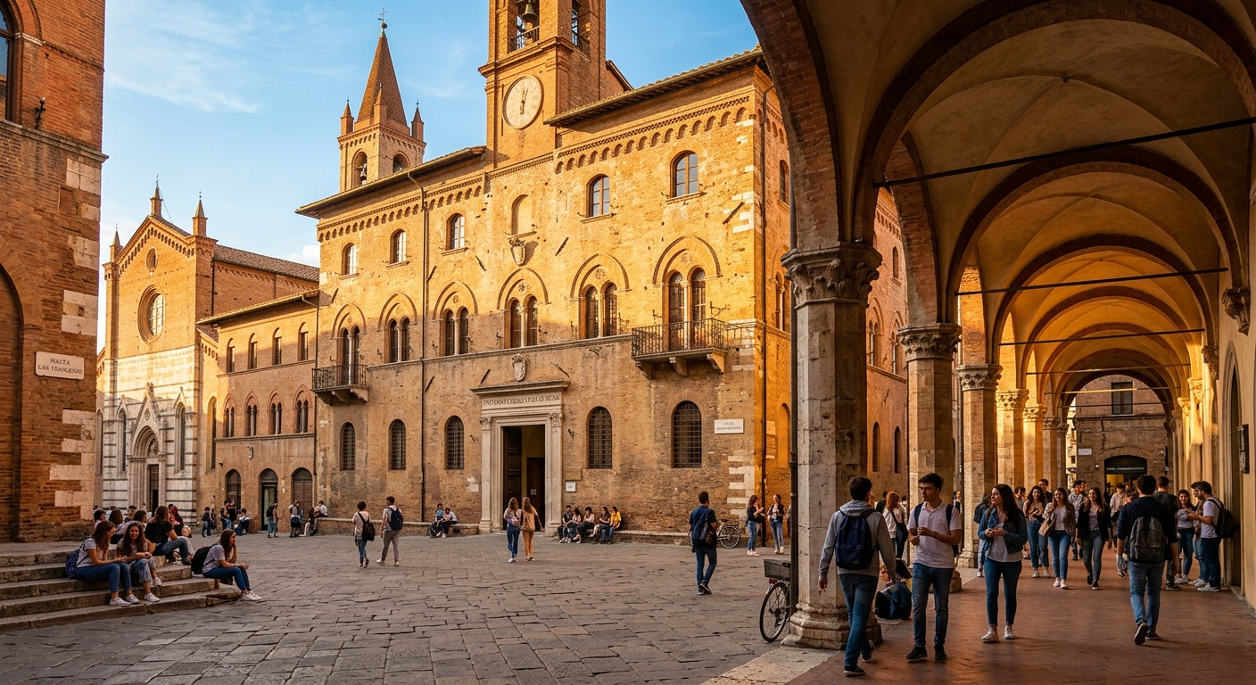 Historic University of Siena campus building in Piazza San Francesco, Tuscany, with medieval architecture, students walking through arched corridors, warm Italian sunlight casting golden tones on stone facades