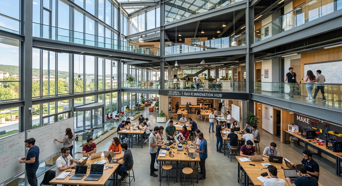 Özyeğin University OzU-X Innovation Hub, modern glass and steel building with open collaborative spaces, students working on projects, bright natural lighting