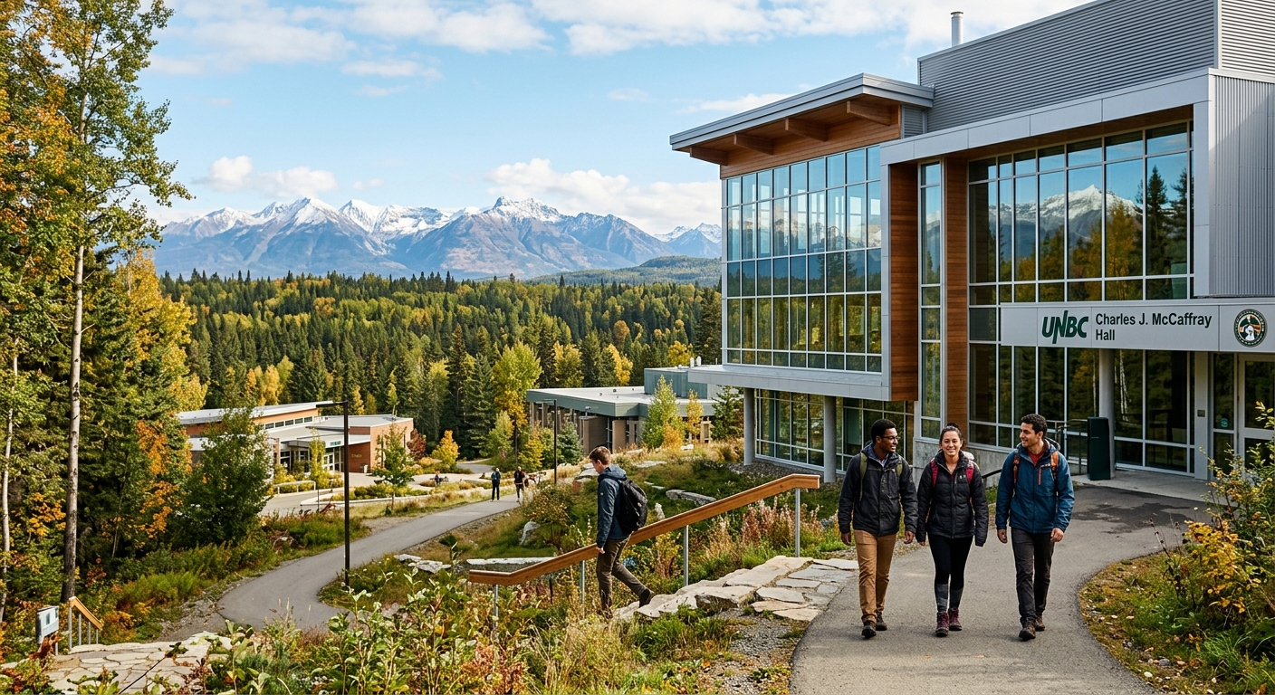 University of Northern British Columbia campus surrounded by northern boreal forest, modern engineering building with large windows, students walking on pathways with mountain views in Prince George, British Columbia