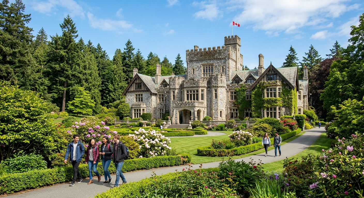 Historic Hatley Castle at Royal Roads University campus in Victoria, British Columbia, surrounded by lush green gardens and Pacific Northwest forest, with students walking along pathways under clear skies