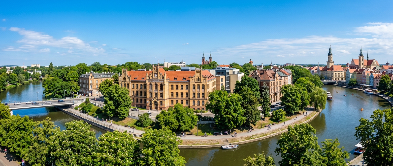 Panoramic view of Akademia Nauk Stosowanych WSZiA campus buildings on Pasieka island in central Opole, Poland, with tree-lined streets, historic architecture, and the Oder River visible in the background under clear blue skies