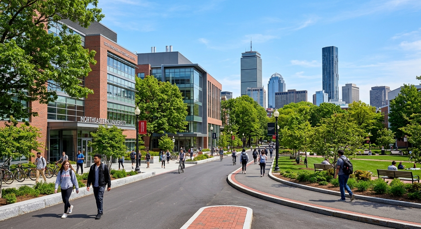 Northeastern University Boston campus with modern engineering buildings, students walking along tree-lined pathways, downtown Boston skyline visible in the background, clear blue sky