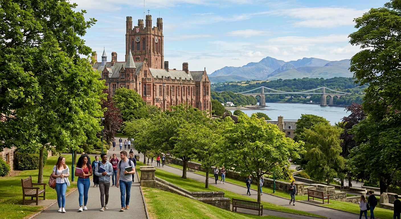 Bangor University campus with historic Main Building in background, lush green Welsh landscape, students walking along tree-lined paths with Snowdonia mountains and Menai Strait visible in the distance