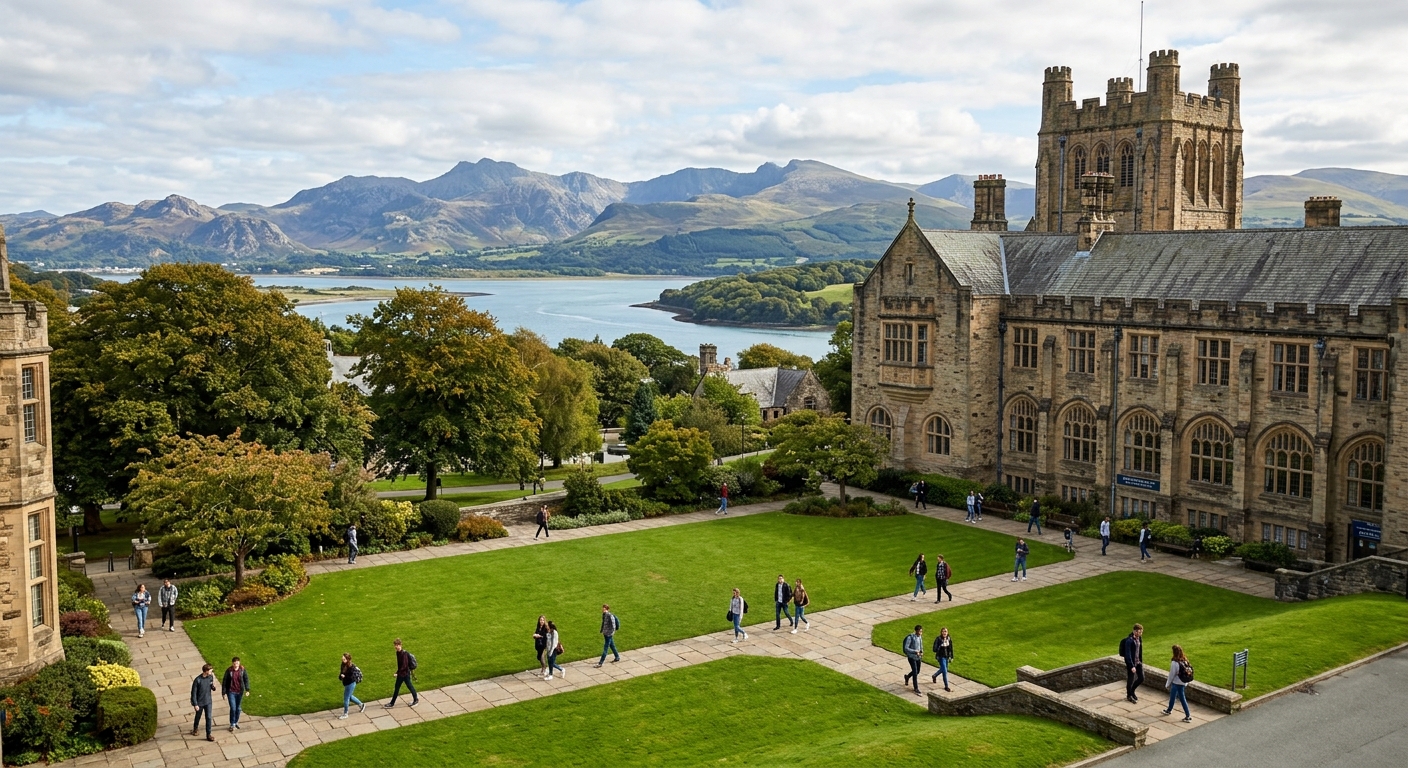 Historic Bangor University campus with Victorian stone buildings nestled between Snowdonia mountains and the Menai Strait, students walking through green courtyard, North Wales coastal scenery in background