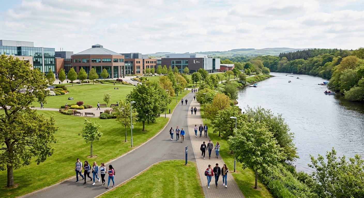 Ulster University Coleraine campus, modern academic buildings surrounded by green lawns along the River Bann, students walking on tree-lined pathways