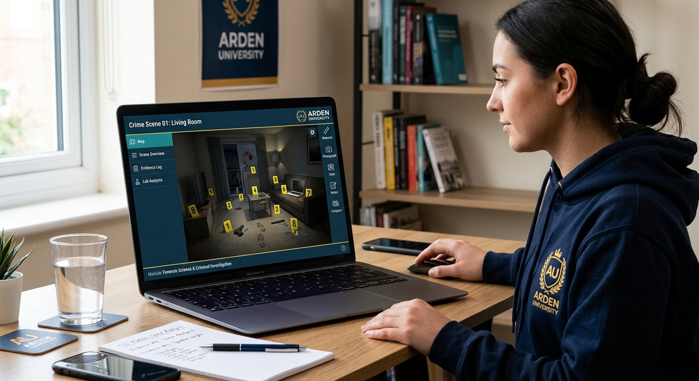 Modern online learning environment with a virtual crime scene investigation displayed on a laptop screen, forensic evidence markers and digital analysis tools visible, professional dark blue and teal colour scheme with Arden University branding elements
