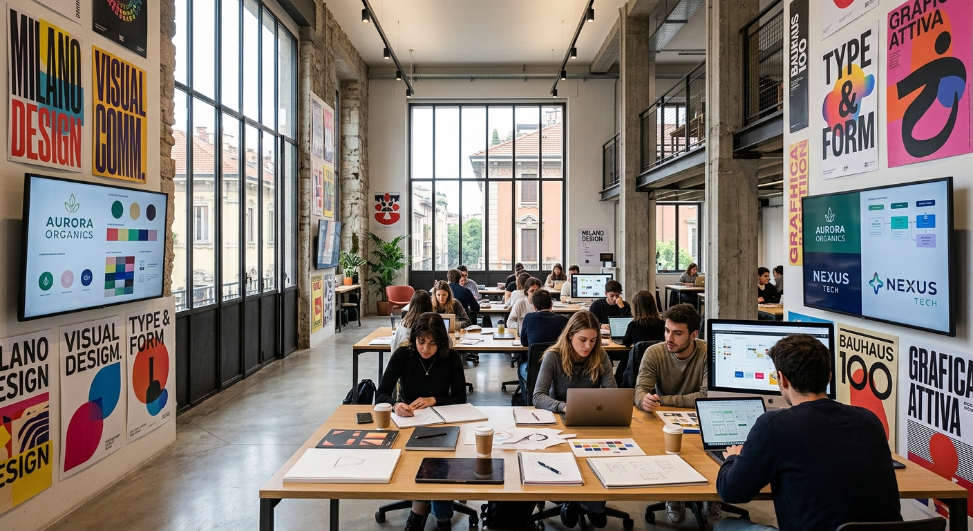 Modern design studio interior in Milan with students working on visual communication projects, large typography posters on walls, digital screens displaying branding work, natural light from tall windows, contemporary Italian architecture