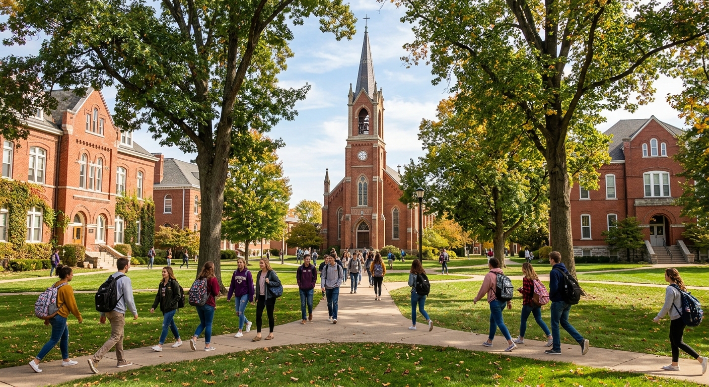 Historic McKendree University campus in Lebanon Illinois with red brick academic buildings, tree-lined walkways, green lawns, and students walking to class on a sunny day