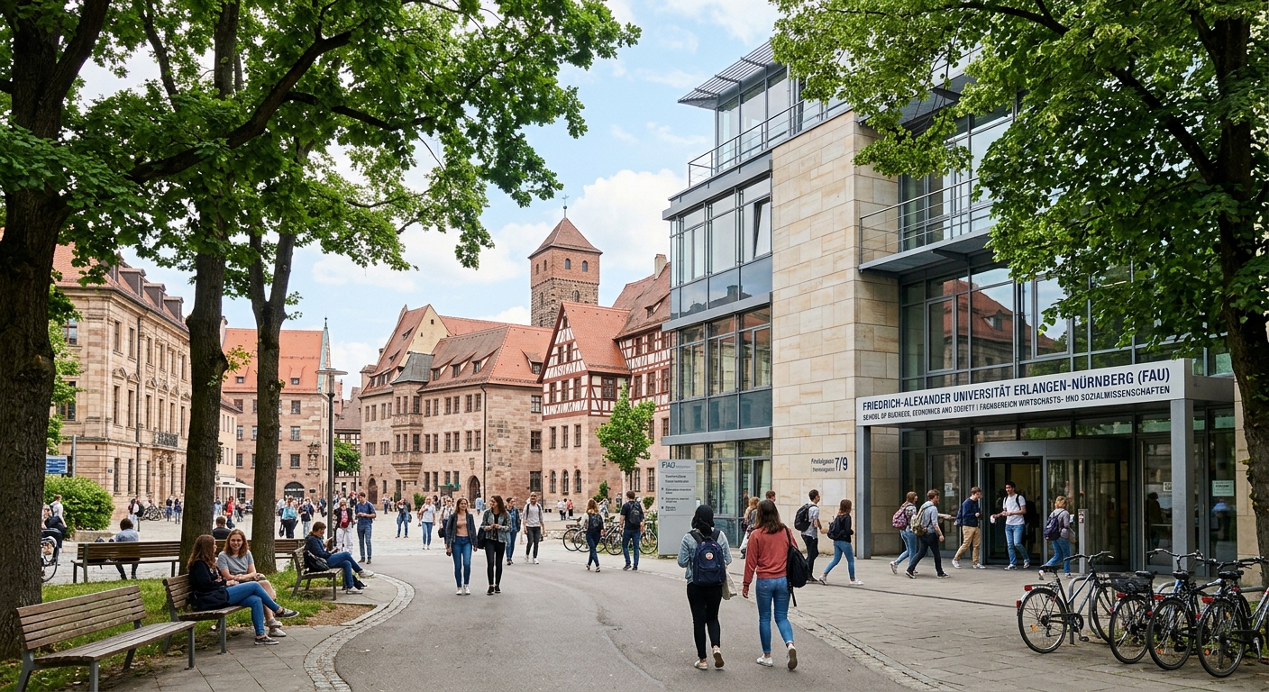 Friedrich-Alexander University Erlangen-Nuremberg campus in Nuremberg, historic Bavarian architecture blended with modern academic buildings, students walking through tree-lined paths, School of Business Economics and Society building entrance