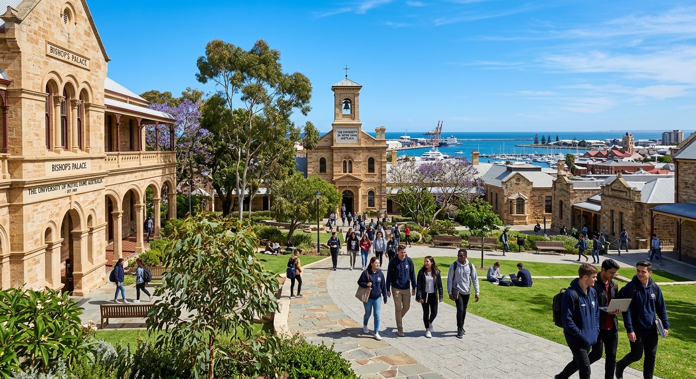 University of Notre Dame Australia campus with heritage sandstone buildings in Fremantle, students walking through courtyard, clear blue sky, Australian coastal city backdrop